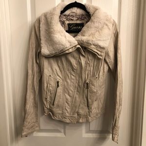 Guess Leather-like Moto Jacket with Faux Fur Hood